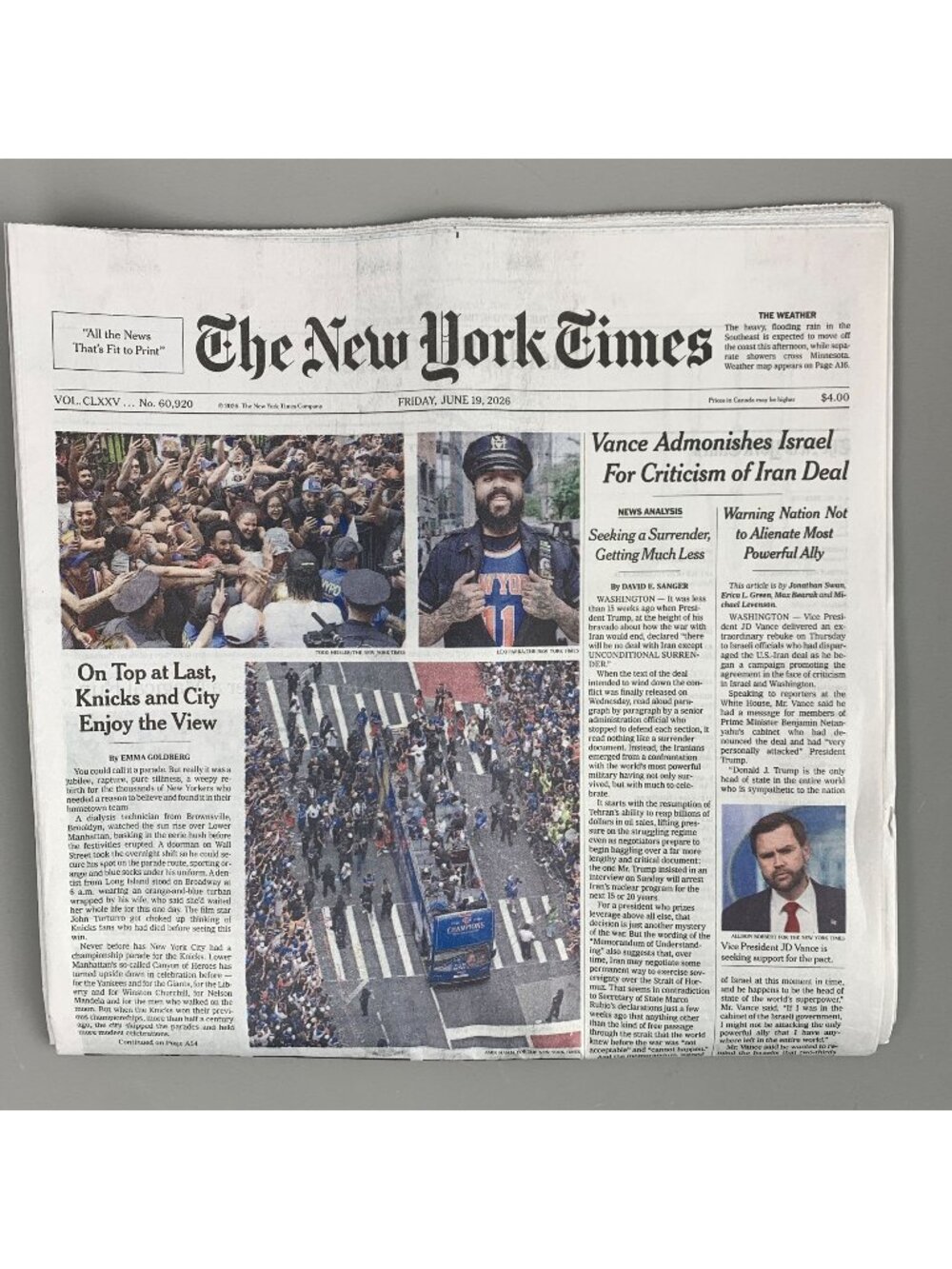 New York Times NY Knicks Parade NBA Champs Jalen Brunson June 19 2026 Newspaper
